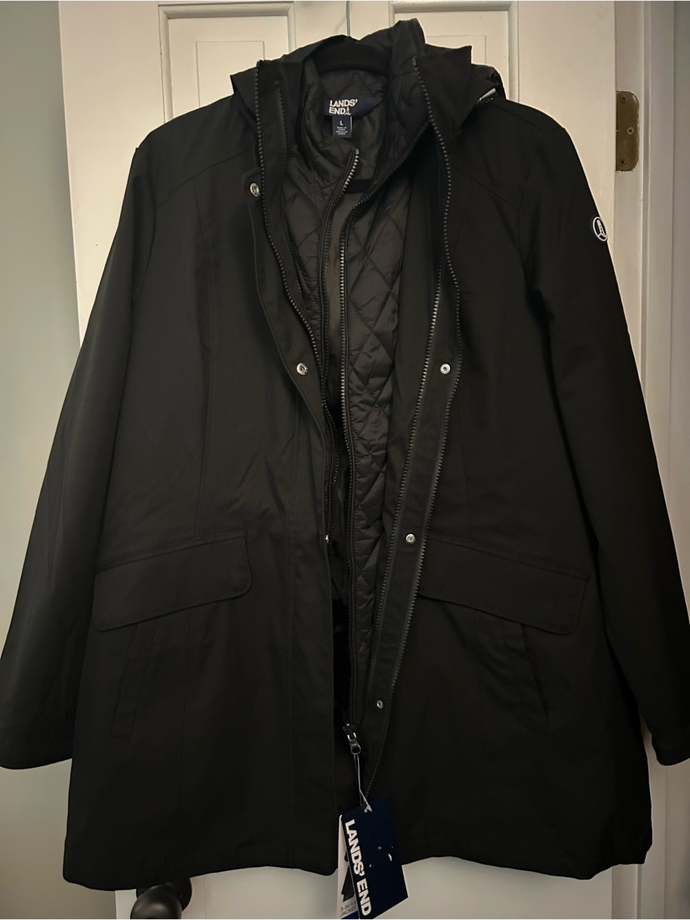 Lands' End NWT women’s  Black Waterproof Hooded parka with Quilted Liner vest